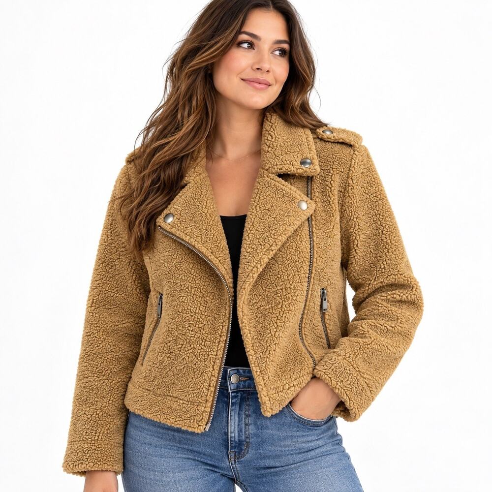 Black Tape Women’s S Teddy Sherpa Moto Jacket Camel Tan Faux Shearling Biker EUC
